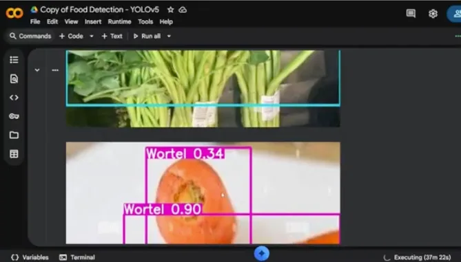 A Google Colab notebook titled Food Detection YOLOv5, with a detection box labelled Wortel (carrot) on a photo of a carrot