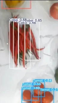 A video of vegetables with detection boxes labelled Cabai (chilli) and Tomat (tomato) and their confidence scores